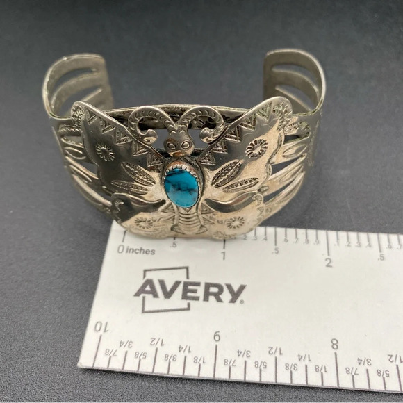 Vintage Southwest Style Silver Butterfly and Turquoise Wide Cuff Bracelet - Picture 9 of 12